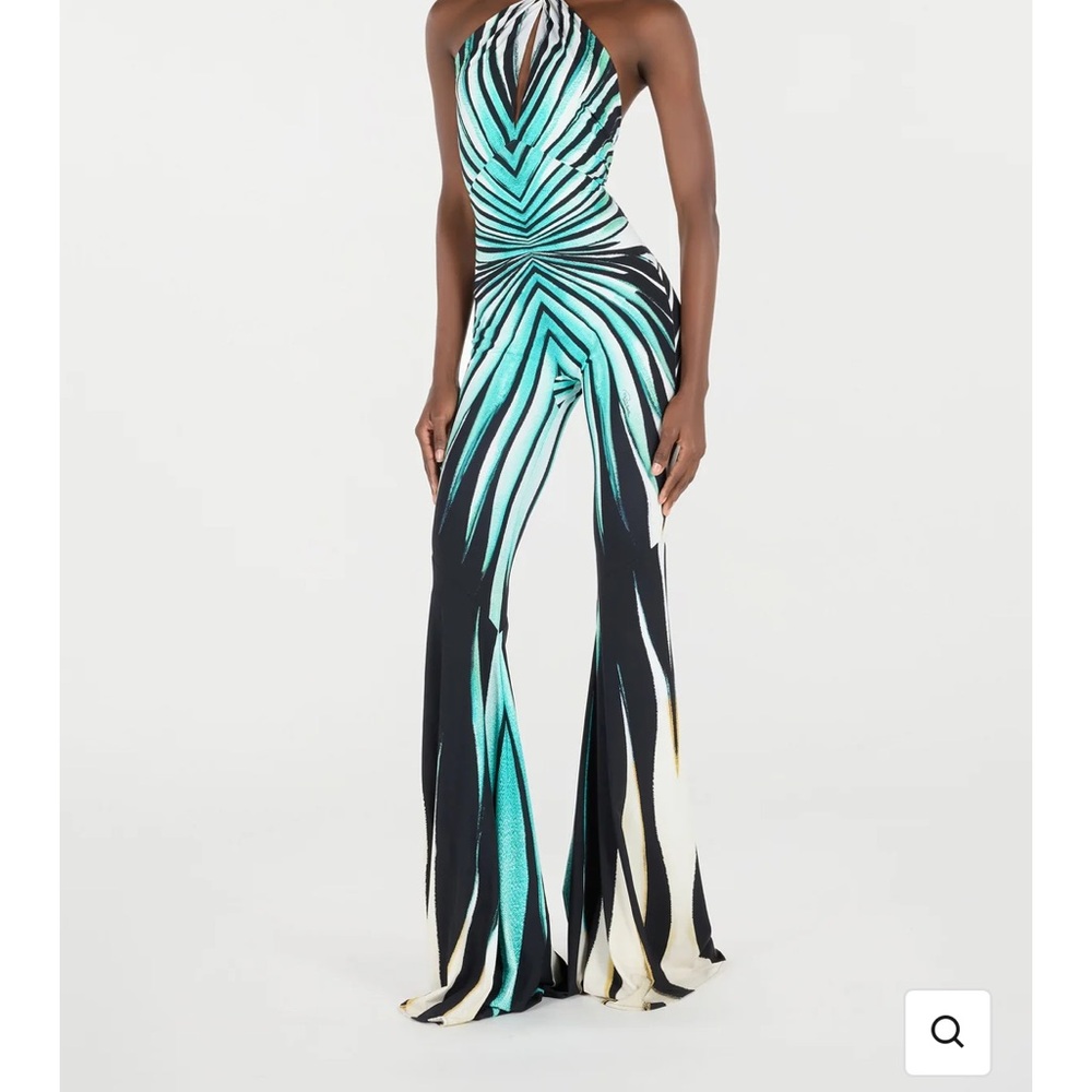 Elegant Striped Halter Jumpsuit in Black and Teal